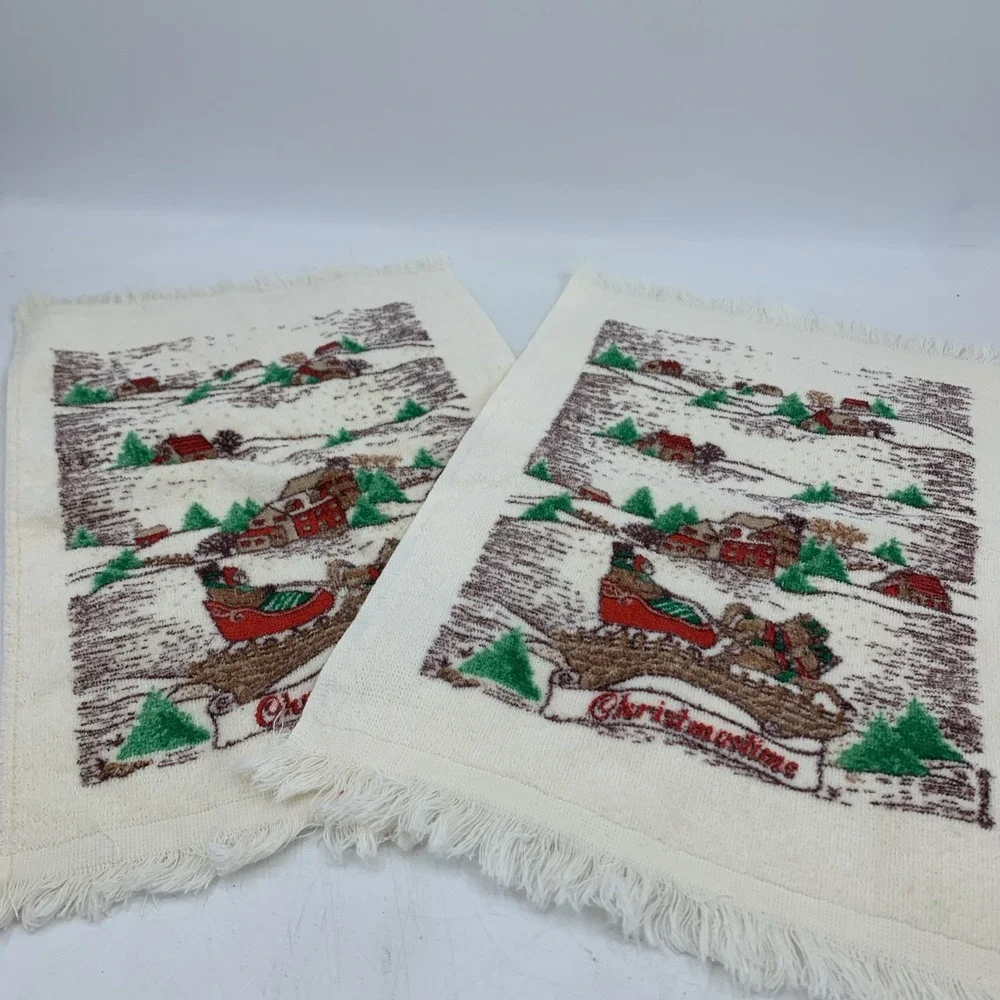 Vintage Christmastime Fingertip Hand Towels USA Sleigh Winter Christmas 70's 80s